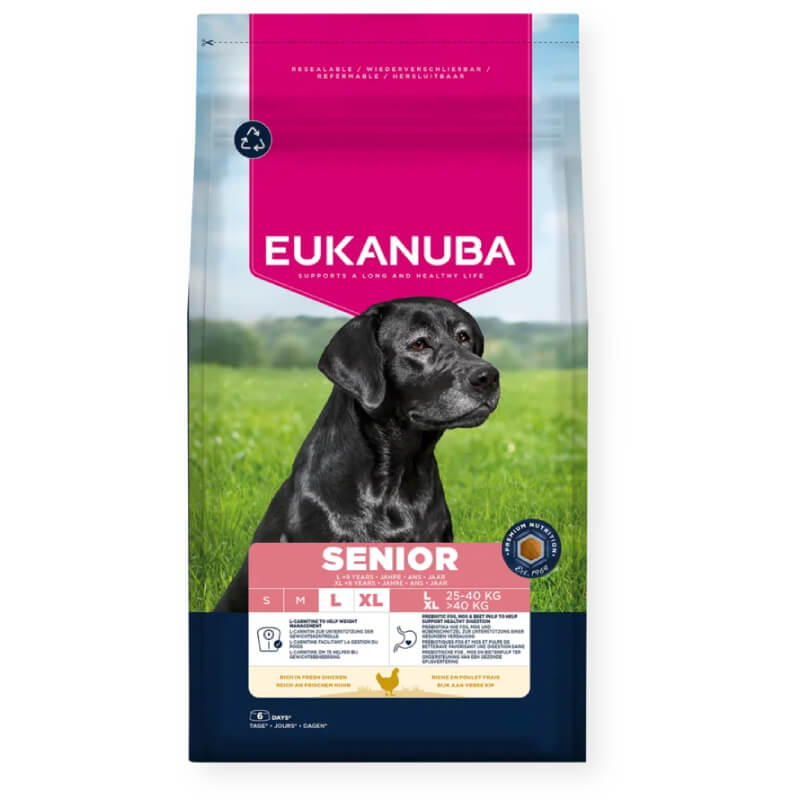 Eukanuba Senior Large Breed Chicken 12kg features a black Labrador on the packaging.