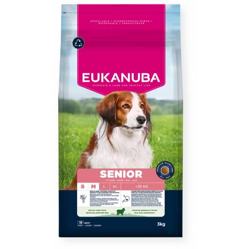 Eukanuba Dog Senior Small/Medium Breed Lamb & Rice 12kg bag shown on the front.