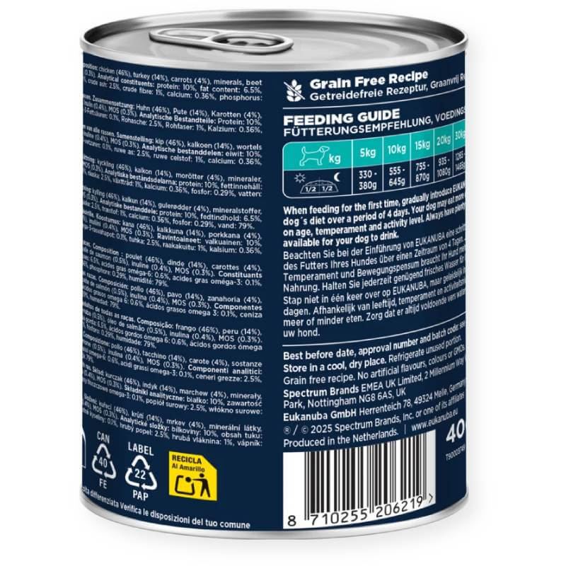 Eukanuba Life Care Adult All Breeds Turkey & Carrot Can 6x400g, ideal for adult dogs.