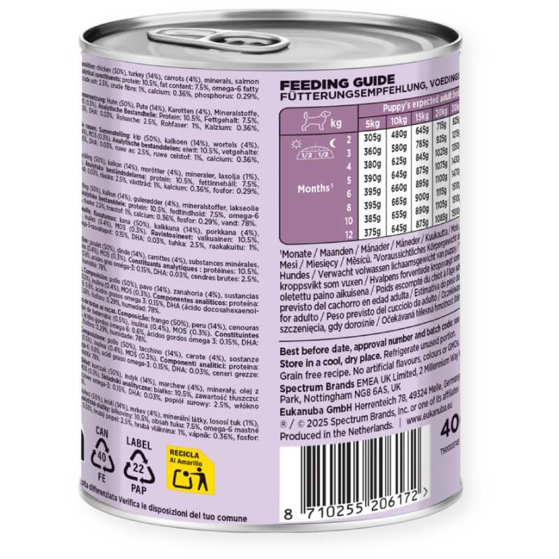 Eukanuba Life Care Puppy All Breeds Turkey & Carrot wet food, 6x400g cans.