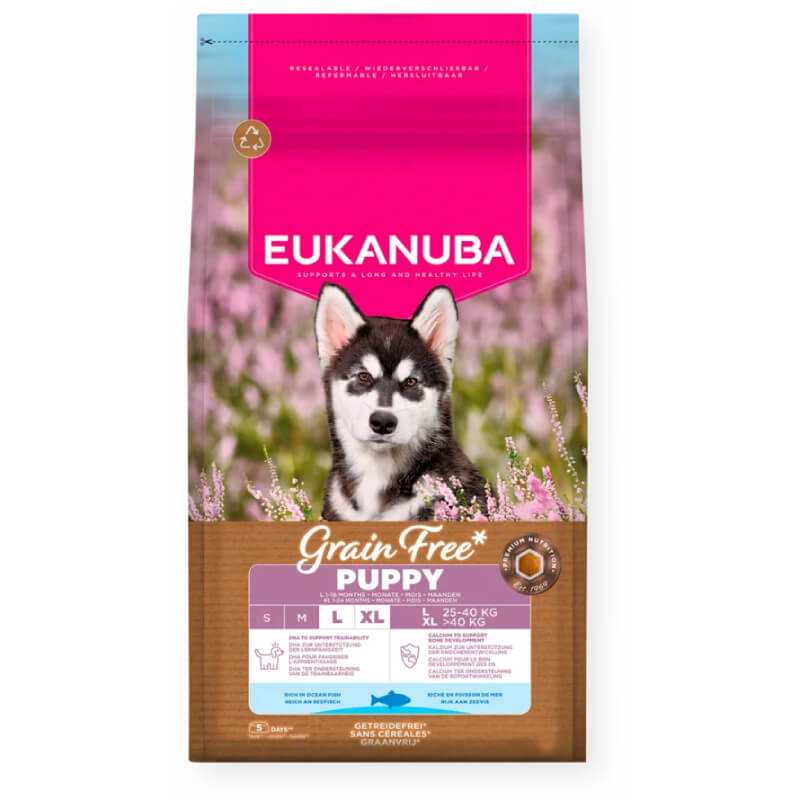 Eukanuba Puppy Large Breed Grain Free Fish with a Husky puppy on the front.