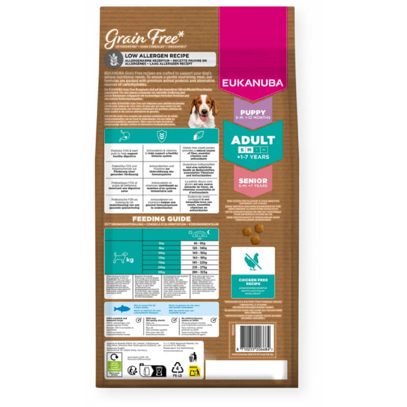 Back of Eukanuba Adult Small/Medium Breed Grain Free Fish bag with feeding guide and details.