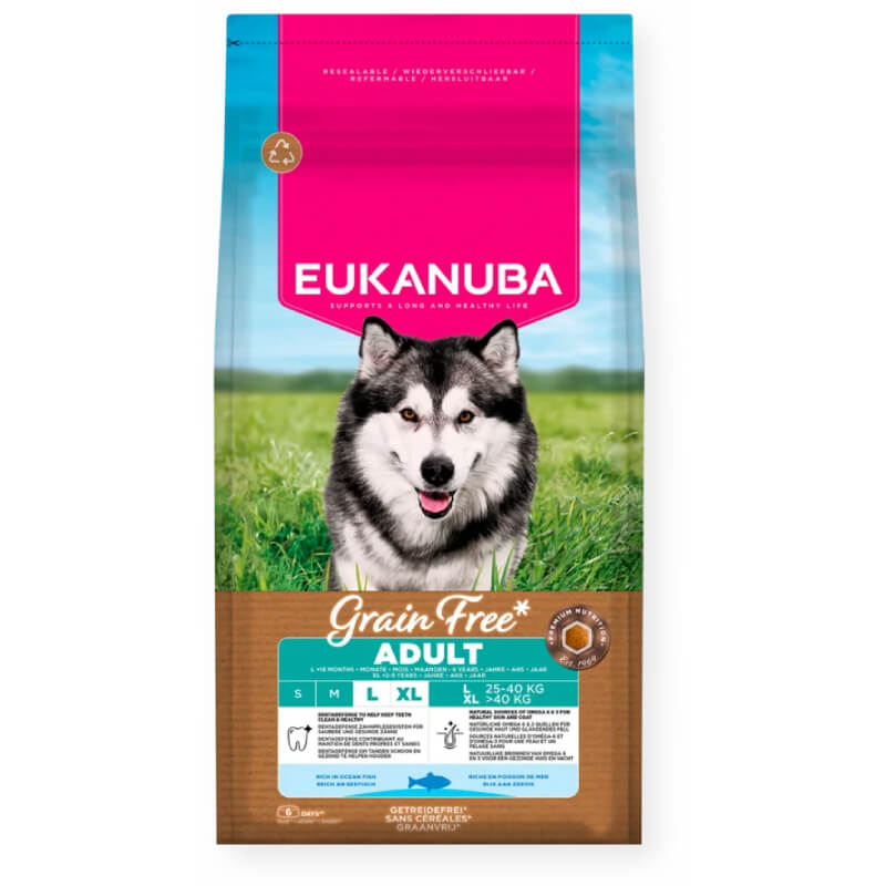 Eukanuba Adult Large Breed Grain Free Fish dog food bag featuring a husky on grass.
