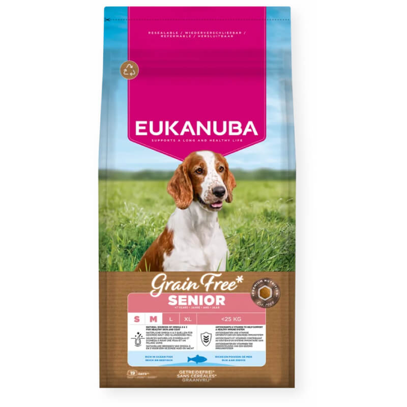 Eukanuba Senior Small/Medium Breed Grain Free Fish dog food with a dog in grass on the bag.