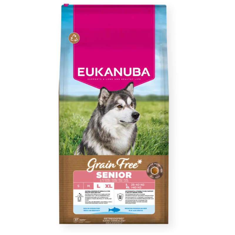 Eukanuba Senior Large Breed Grain Free Fish dog food with joint support and a husky on pack.