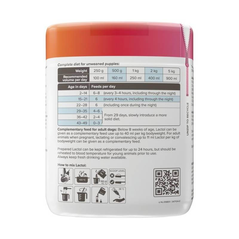 Beaphar Lactol Puppy Milk back label with feeding chart, instructions, and a QR code.
