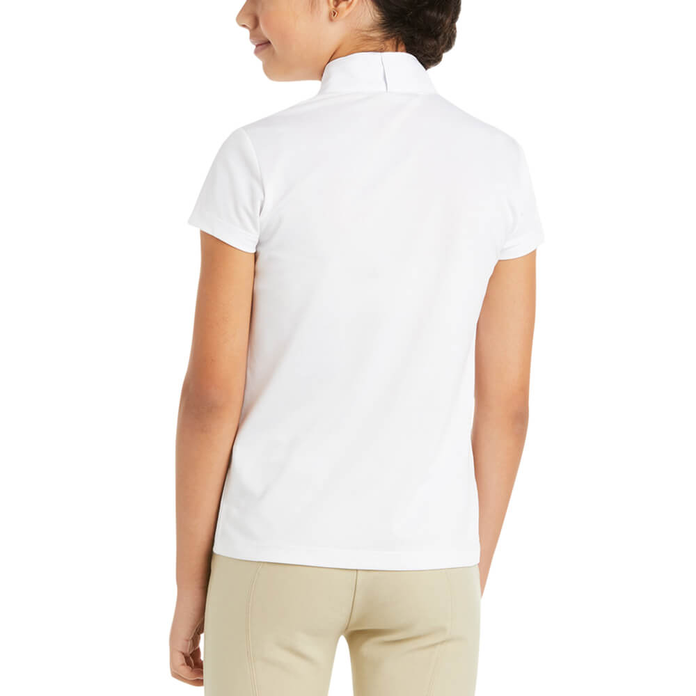 Girl wears a white Ariat Youth Aptos SS Show Shirt and tan pants, seen from the back.