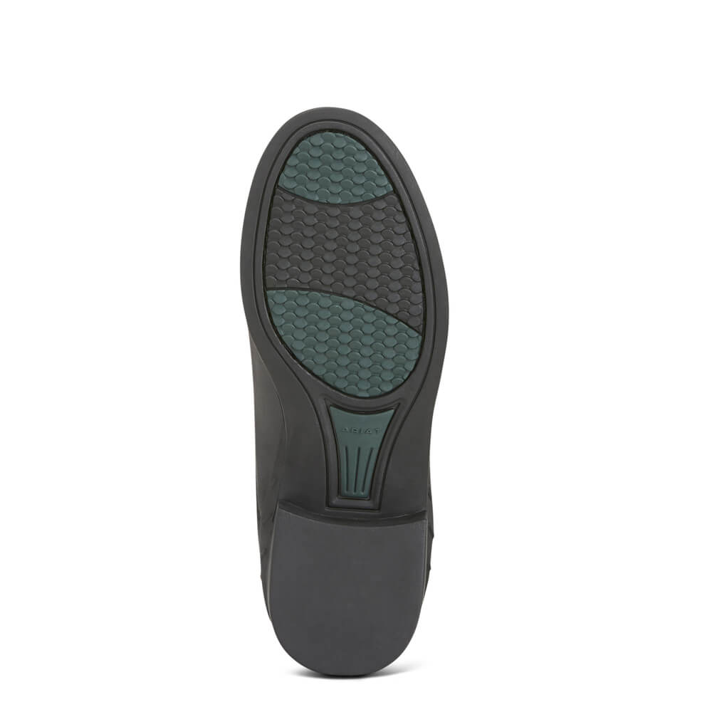 Ariat Youth Scout Zip Paddock Boot Black with textured green rubber grip and small heel.