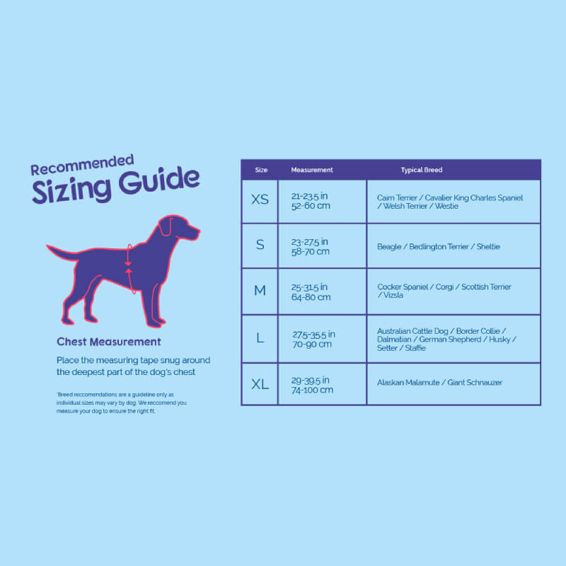 Halti Comfy Harness Red: dog size chart with chest measurements and breed examples.