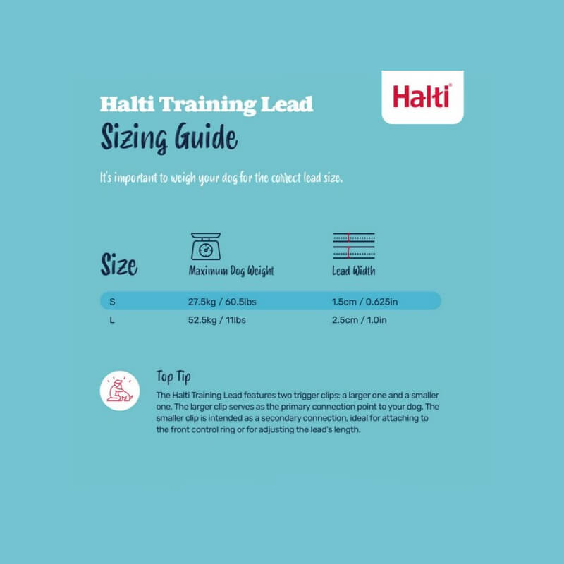 Halti Training Lead Forest Green sizing guide with dog weight and lead width on blue background.