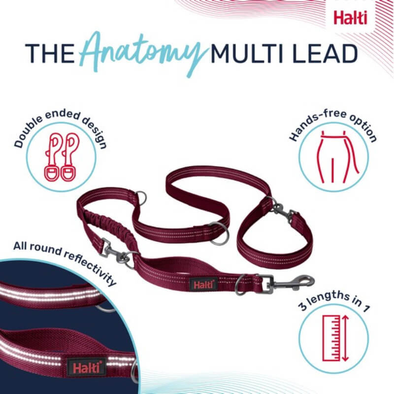 Halti Anatomy Multi Lead Magenta: multifunctional dog lead with metal clips and adjustable design.