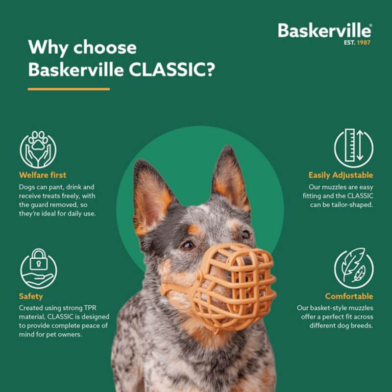 Baskerville Classic Basket Muzzle: light brown, adjustable strap, open design for comfort.