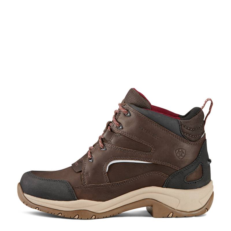 Ariat Women's Telluride II H20 Boots in brown with red laces and beige sole, angled on white.
