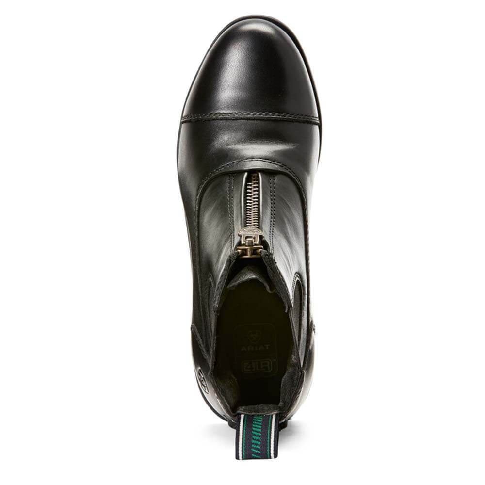Ariat Devon IV Paddock Boot: black full-grain leather ankle boot with front zipper and pull tab.