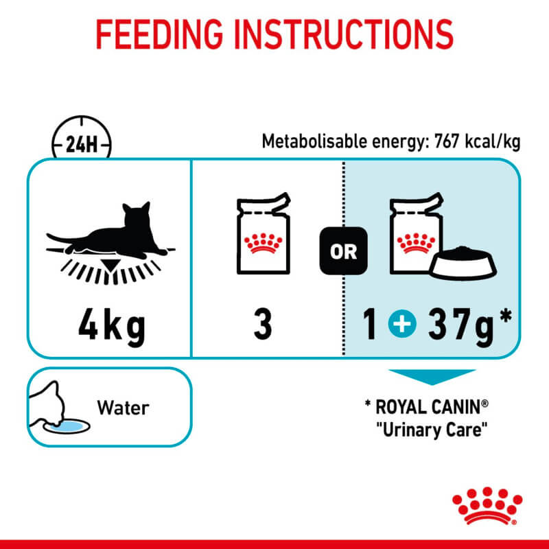 Feeding guide for a 4kg cat: Royal Canin Urinary Care In Gravy supports urinary tract health.
