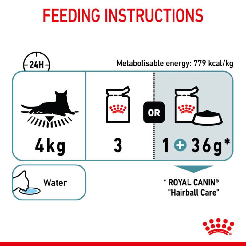 For a 4kg cat: 3 Royal Canin Hairball Care in Gravy pouches or 1 plus 36g dry, with water.