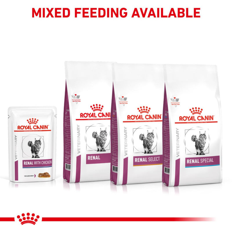 Four Royal Canin Veterinary Renal Wet Pouch Chicken 12x85g packs for CKD cats, mixed feeding.