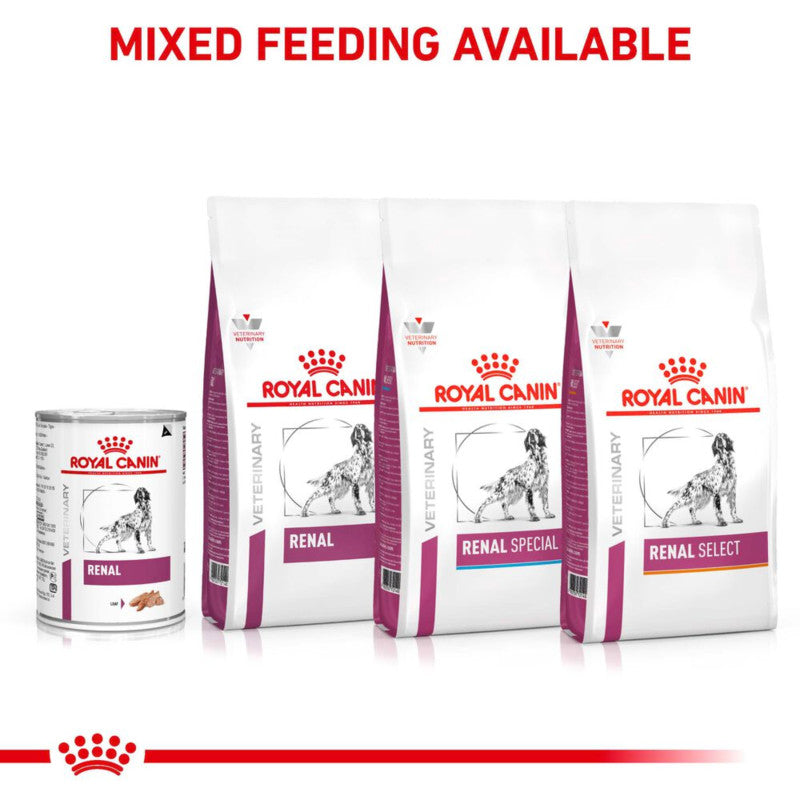 Royal Canin Veterinary Renal Canine Loaf Tins 12x410g—MIXED FEEDING for kidney support.