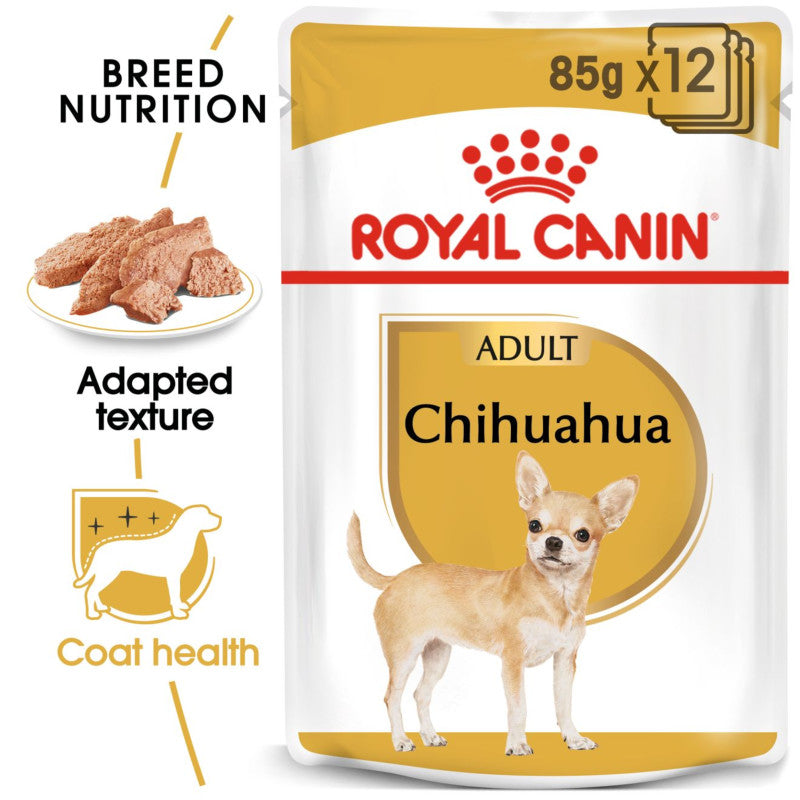 Royal Canin Chihuahua Pouch 12x85g features a Chihuahua and highlights key benefits.