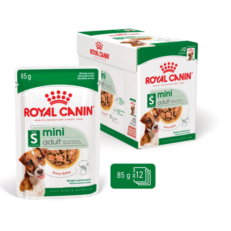 Royal Canin Mini Adult 12x85g wet dog food pouches feature a small dog and food image, ideal for adult small breed dogs.