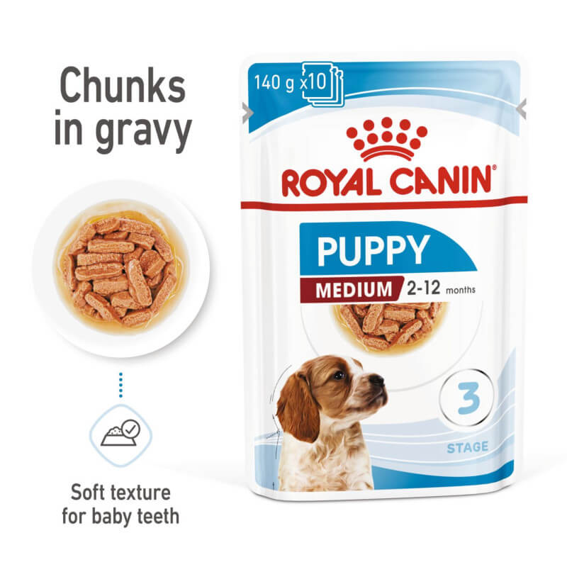 Royal Canin Medium Puppy 10x140g wet food for medium breed puppies with chunks in gravy.