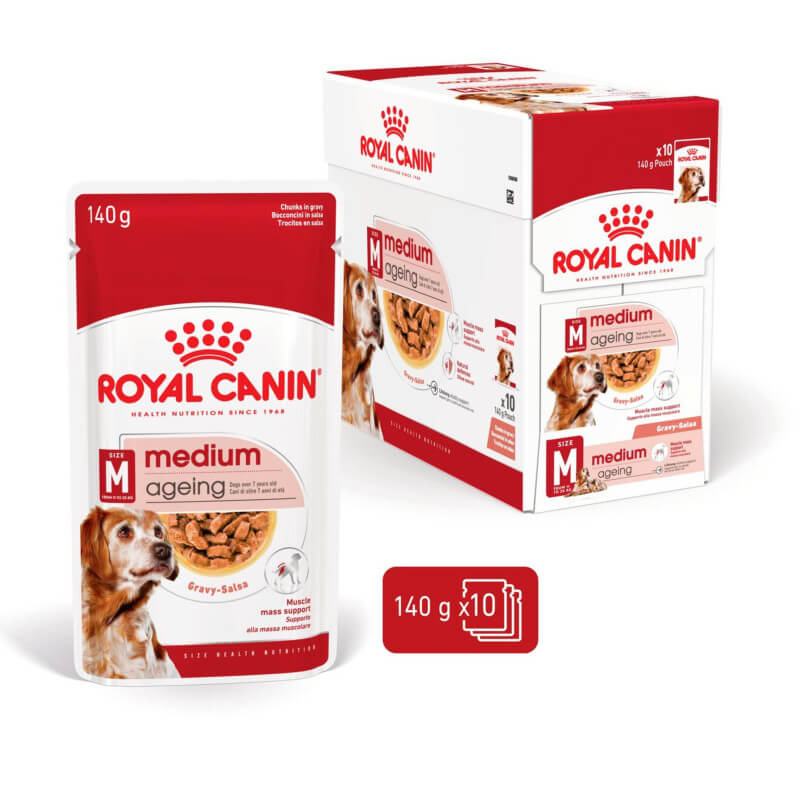 Royal Canin Medium Ageing 10+ wet dog food, 10 x 140g pouches per box.