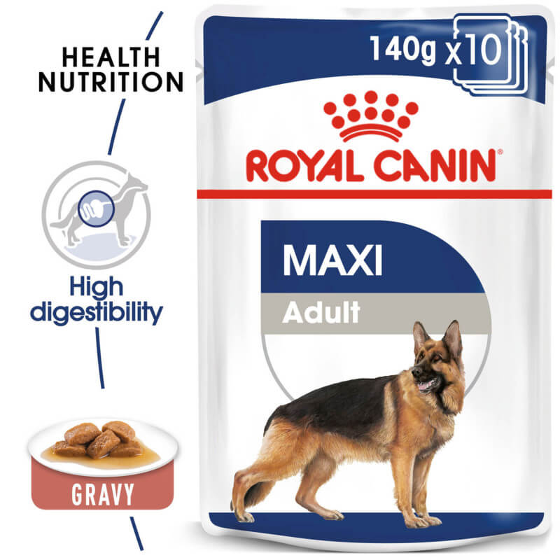 Royal Canin Maxi Adult 10x140g pouches for adult dogs’ nutrition.