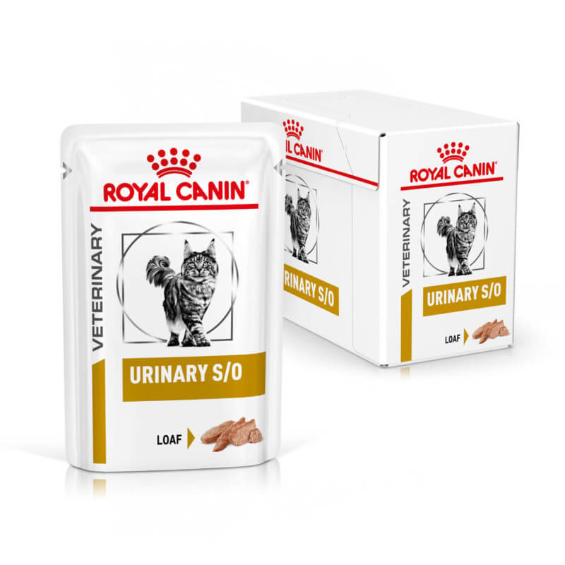 Royal Canin Veterinary Feline Urinary S/O Loaf Wet Pouch 12x85g cat food box.