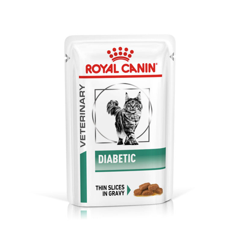 Royal Canin Veterinary Feline Diabetic Pouch 12x85g supports cats’ glucomodulation.