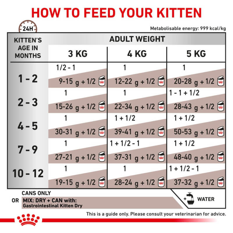 Kitten feeding chart by age, weight, and daily grams of Royal Canin Veterinary GI Kitten Mousse.