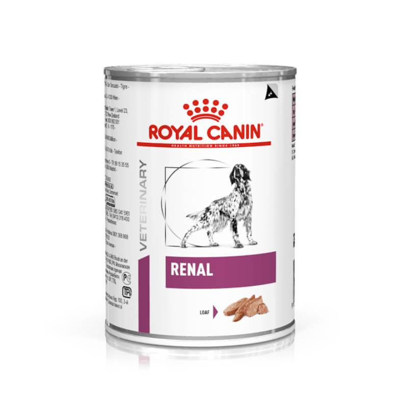 Royal Canin Veterinary Renal Canine Loaf Tins 12x410g with a dog image on the label.