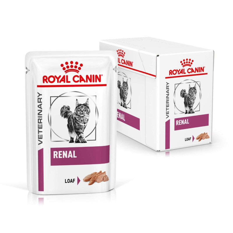 Royal Canin Veterinary Renal Adult Wet Cat Food Loaf 12x85g for kidney health.