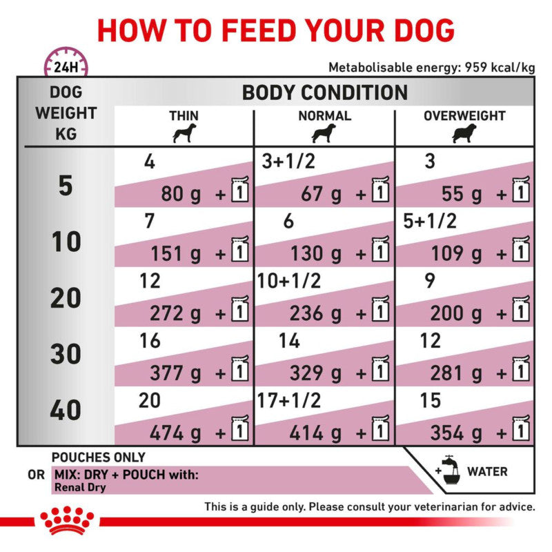 Royal Canin Renal Pouch feeding chart: dog food amounts, weight, body condition, icons included.
