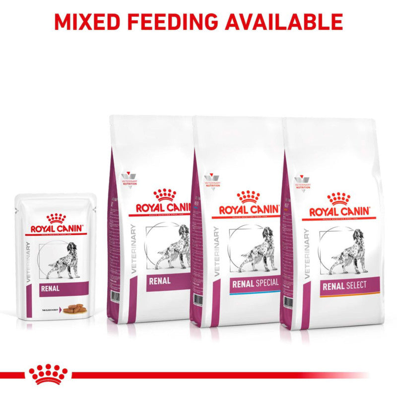 Royal Canin Veterinary Canine Renal Pouch 12x100g for kidney support and mixed feeding.