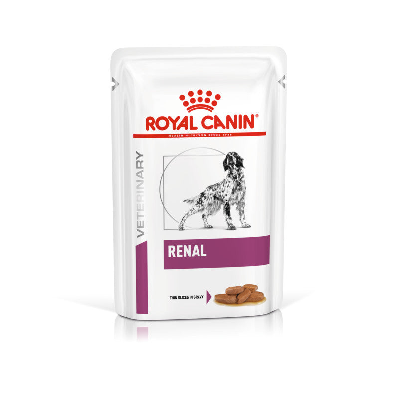 Royal Canin Veterinary Canine Renal Pouch 12x100g with dog image and visible food pieces.