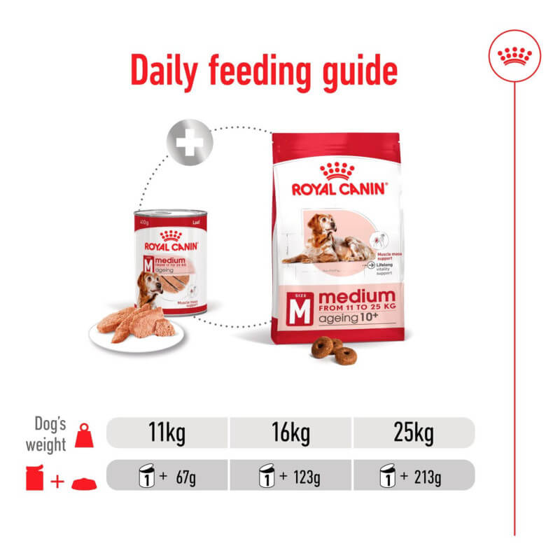 Royal Canin Medium Ageing 7+ Tin 410g feeding guide for senior medium-sized dogs.