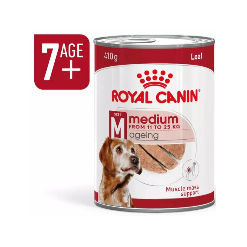 Royal Canin Medium Ageing 7+ Tin 410g wet food for senior medium-sized dogs.