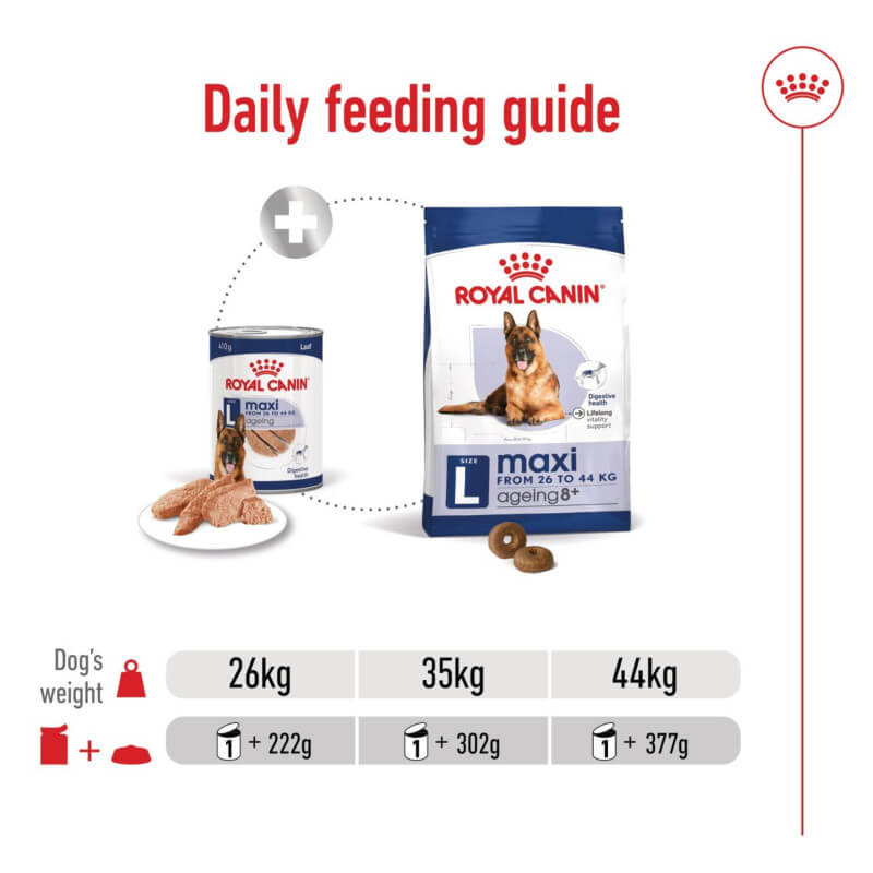Daily feeding guide for Royal Canin Maxi Ageing 5+ Tin 410g, ideal for large senior dogs.