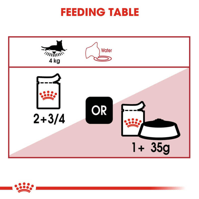 Feed a 4kg cat: 2¾ Royal Canin Instinctive Pouches or 1 pouch + 35g dry food daily, plus water.