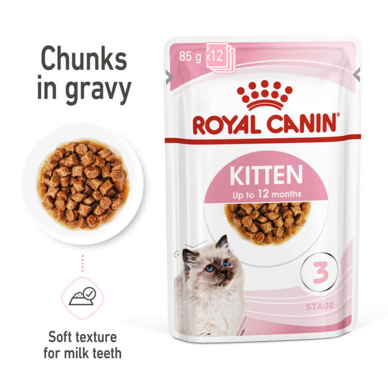 Royal Canin Kitten Pouch In Gravy 12x85g, wet food for kittens up to 12 months.