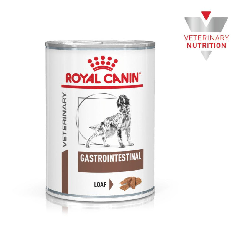 Royal Canin Veterinary Gastro Intestinal 12x400g dog food loaf for digestive support.