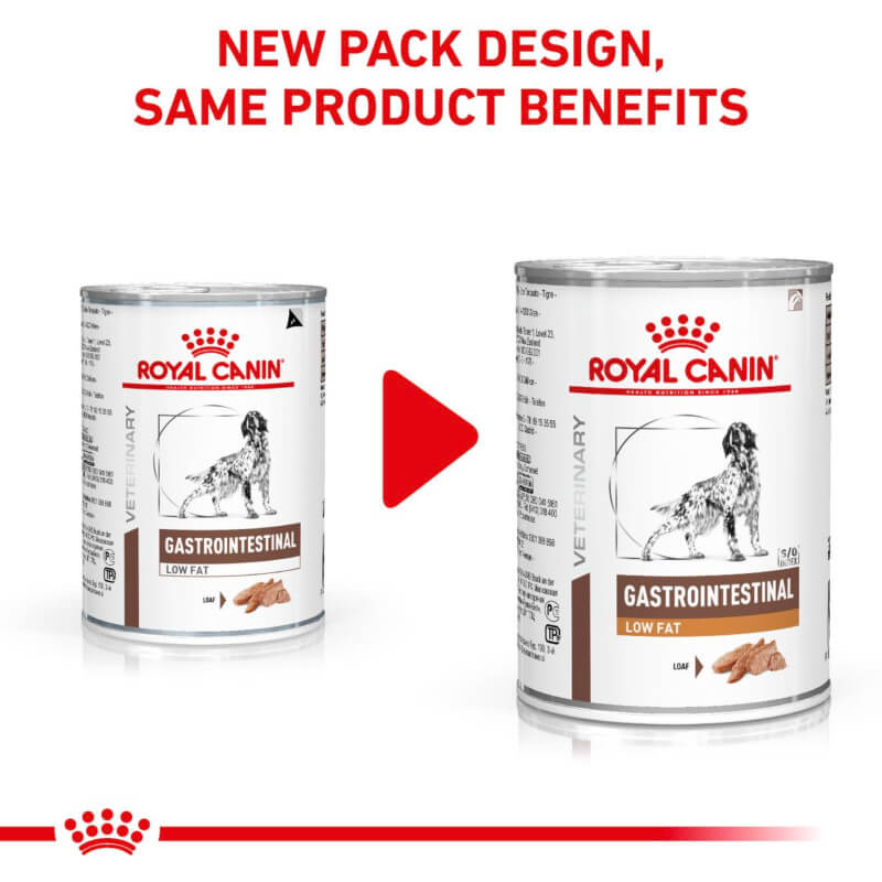 Royal Canin Veterinary Canine GI Low Fat Loaf 12x420g for digestive care diets.