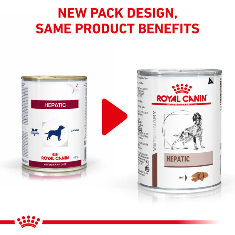 Two Royal Canin Veterinary Hepatic loaf 420g cans, old and new packs, for liver support.