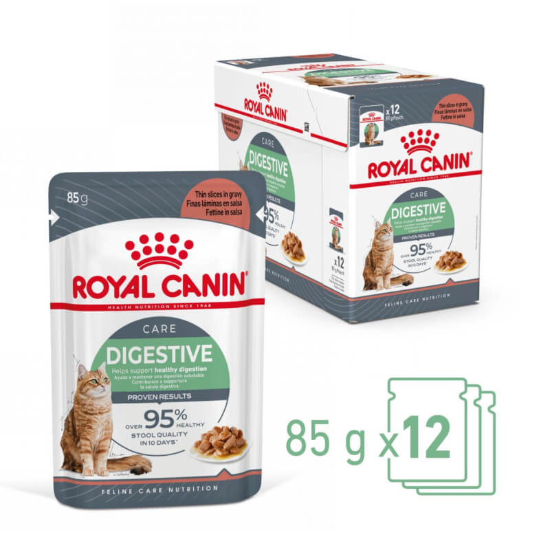 Royal Canin Digest Sensitive Pouch 12x85g supports cat digestion and healthy stool quality.
