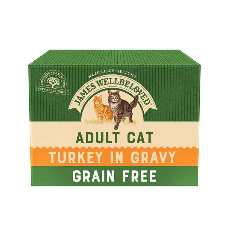 James Wellbeloved Turkey Adult Cat Pouch 85g: grain free wet cat food in green and beige box.
