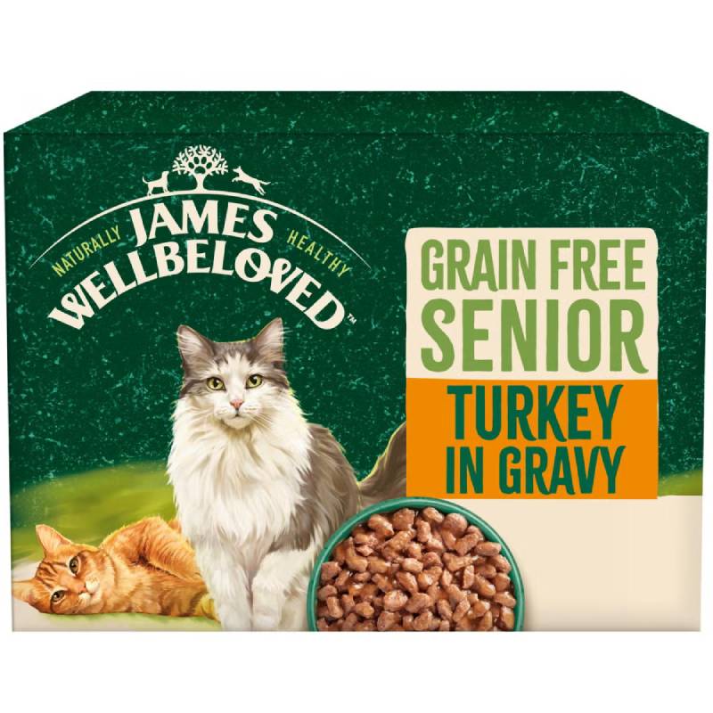 James Wellbeloved Turkey Senior Cat Pouch 85g box with cats and food on the label.
