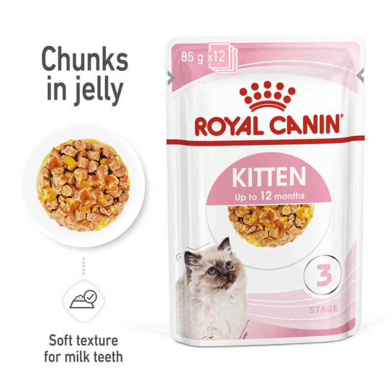 Royal Canin Kitten In Jelly 12x85g; chunks in jelly with visible kitten food texture.