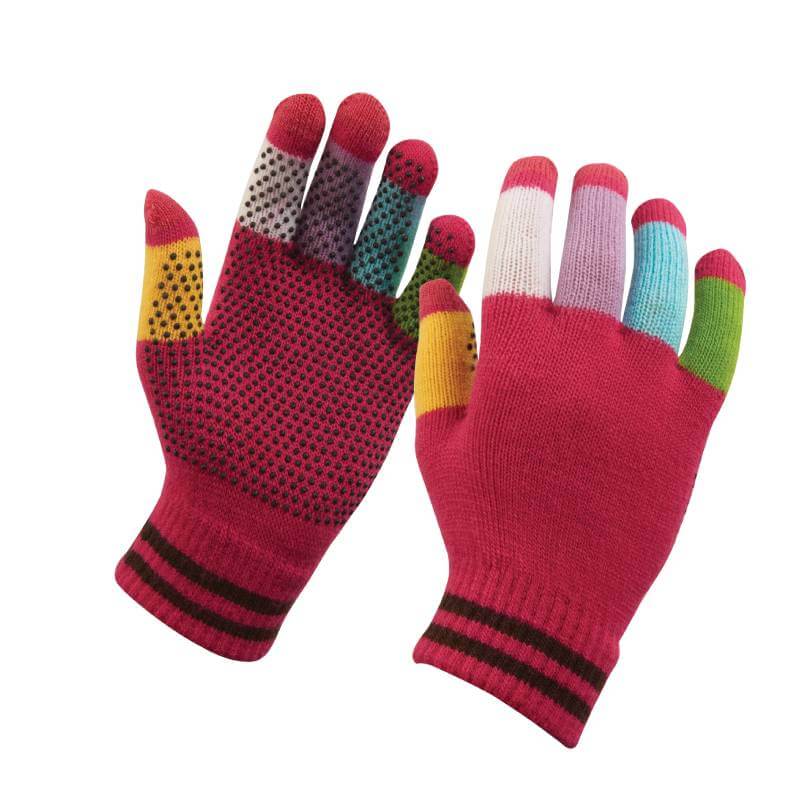 Two Dublin Magic Pimple Grip Riding Gloves for kids, with black grip and colorful fingertips.