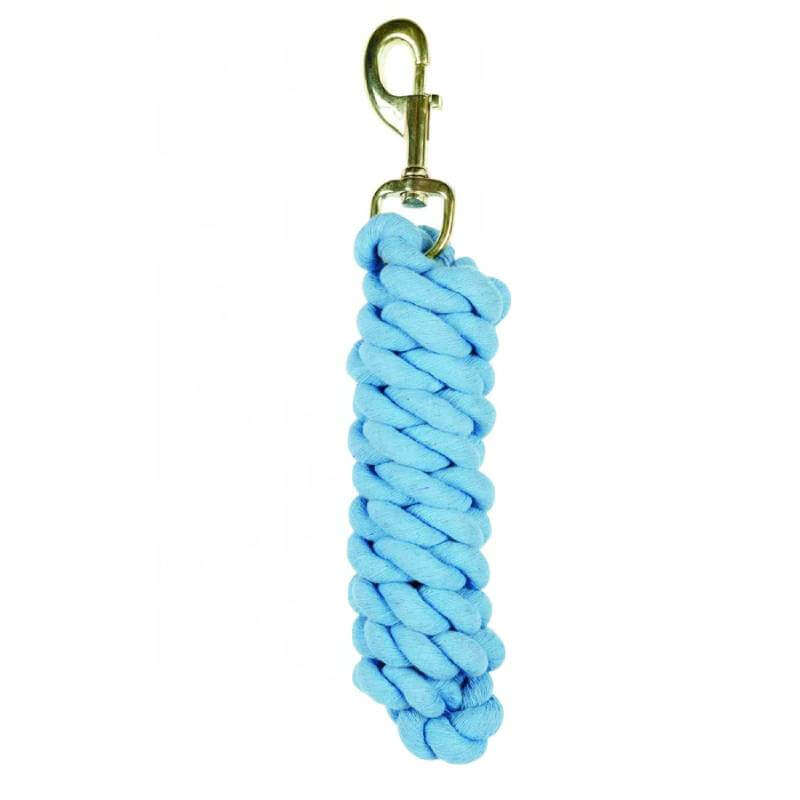 Roma Cotton Brass Snap Lead Rope by Roma, light blue cotton, coiled, hangs vertically.