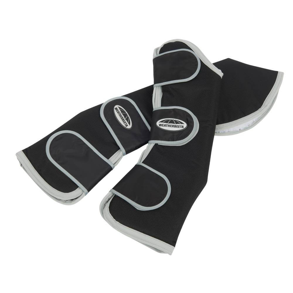 Weatherbeeta Wide Tab Travel Boots in black/gray with Velcro for horse protection.